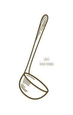 One large ladle on white background. Vector icon. Decorative art element for menu design, advertising banner layout. Kitchenware. Soup cooking. Household items store. Kitchenware shop. Linear emblema.