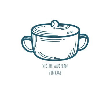 Cute saucepan vector icon with lid. Kitchenware. Cooking. Hand-drawn contour decorative element. Vintage  soup utensils. Graphic art element for menu layout design, advertising banner. Houseware shop.
