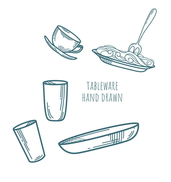 Hand drawn tableware vector set. Small cute coffee cup with saucer, spaghetti with fork on flat plate, two glasses, deep bowl. Kitchenware icons. Decorative art elements for cafe menu layout design.