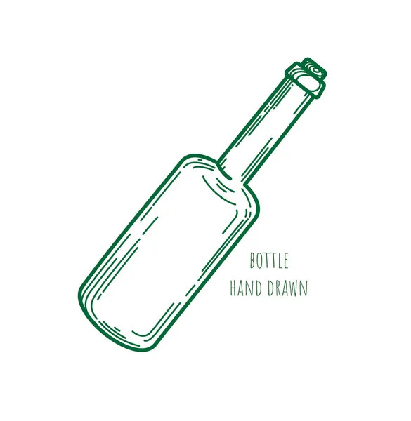 One old vintage glass bottle with cork on white background. Vector icon. Wine shop emblem. Olive oil. Hand-drawn decorative element for menu design, advertising layout, packaging