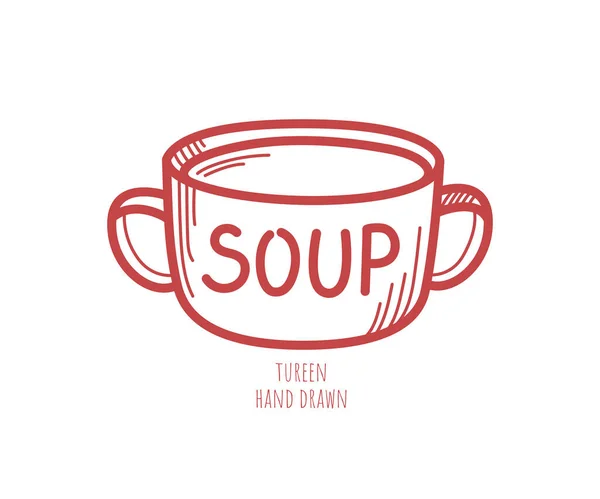 One tureen with small handles hand drawn on white background. Tasty hot broth. Healthy liquid food. Decorative art element for cafe menu design. Homemade dish. Kitchenware store emblem. Contour sketch