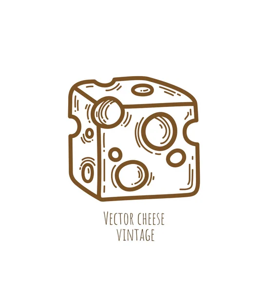 Small cheese cube with big holes hand drawn on white background. Maasdam piece. Vector icon. Dairy store emblem. Organic food. Farming. Fondue. Decorative art element for menu layout, packaging design