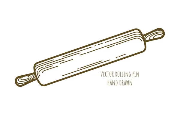 Big wooden rolling pin hand drawn on white background. Vector graphic icon. Bakery emblem. Decorative art element for cafe menu design, advertising layout. Confectionery. Dessert cooking. Baking bread