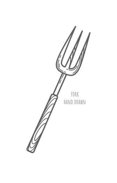 One vector vintage fork with wooden handle isolated on white background. Hand drawn illustration. Vector icon. Cafe emblem. Decorative art element for menu design, advertising layout. Meal. Dinnerware