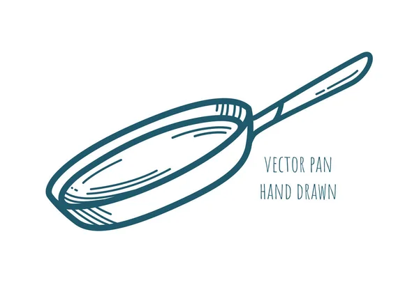 One frying pan vector icon with handle. Shaded decorative art element for menu design, advertising layout. Cooking. Dishes shop. Hand drawn crockery. Outline illustration. Linear cookware. Sketch.