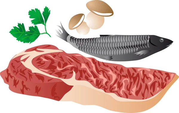 Carne, pescado y setas — Vector de stock