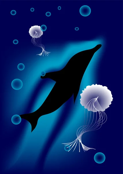 Dolphin and jellyfish - Stok Vektor