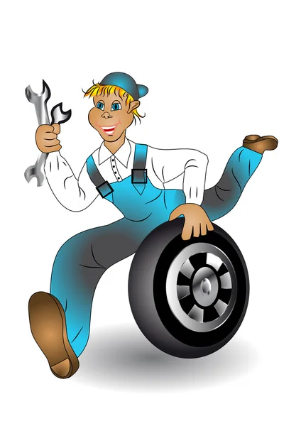 Mechanic with wheel — Stock Vector