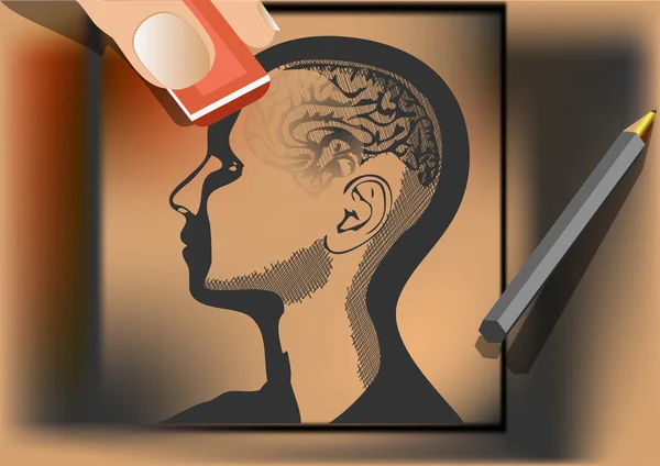 Πλύση εγκεφάλου. καλλιτέχνης σκουπίζει ανθρώπινος εγκέφαλος με γόμα — Διανυσματικό Αρχείο