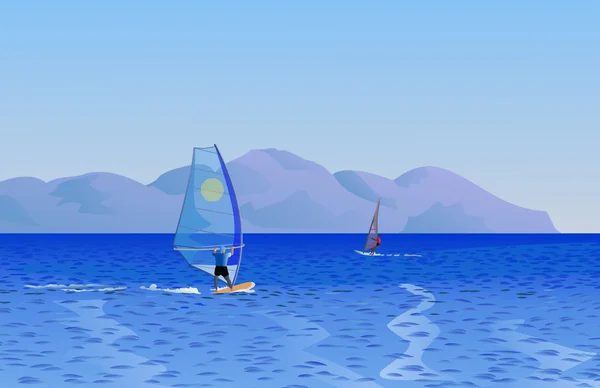 Uitzicht op zee met twee windsurfers — Stockvector