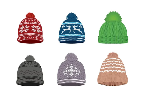 Colorful Knitted Winter Hat Set Vector Illustration — Stock vektor