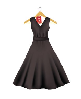 Black dress on a hanger with sale tag, vector