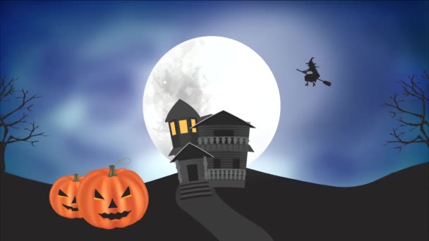 Halloween Scene House Witch Pumpkins Animation — Stock Video