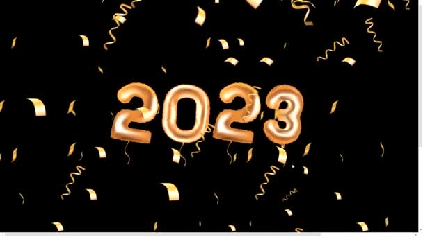 2023 Folie Ballonnen Met Confetti Zwarte Achtergrond Animatie — Stockvideo