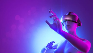 Sanal gerçeklik gözlüğü takan kadın, dijital dünya Metaverse gelecek teknoloji konsepti arka plan, 3D görüntüleme.
