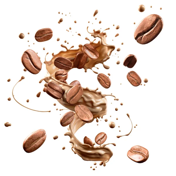 ミルクコーヒースプラッシュとともにコーヒー豆の落下 3Dイラスト ロイヤリティフリーのストック写真