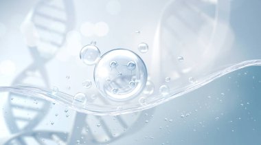 Kozmetik Esansı, Sıvı Kabarcık, Su arka planında Sıvı Kabarcığın içindeki Molekül, 3D görüntüleme