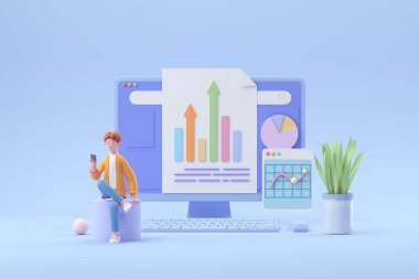 3d Çizgi film karakteri ve Bilgisayar açık sayfalar, web analizleri, SEO optimizasyonu, gösterge paneli ve iş finans raporu, 3D resimleme.