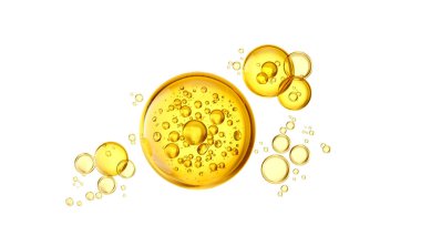 Altın sarısı köpük yağı, kolajen serumu, meyve suyu, bal, bira, zeytinyağı, kozmetik sıvısı arkaplan, kırpma yolu 3d.