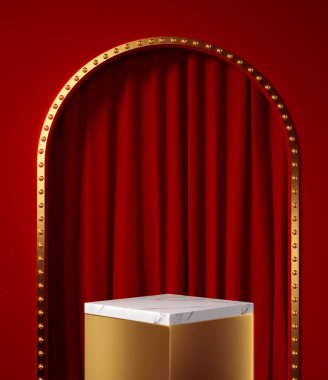Kırmızı perdesi ve altın kürsüsü olan boş bir sahne.