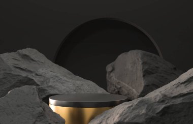 Siyah Geometrik Taş ve Kaya şekilli arkaplan, podyum veya vitrin için minimalist model, 3D görüntüleme.