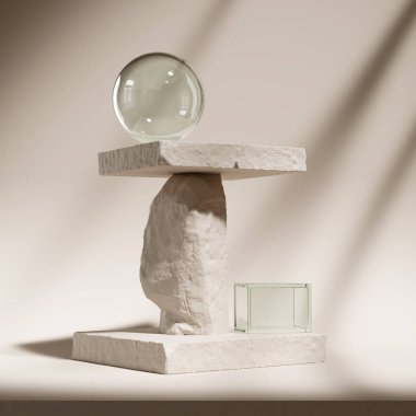 Kozmetik Ürün ve Paket Sunumu için Soyut Arkaplan Sahnesi, Taş Podyum Gösterimi, 3D görüntüleme.