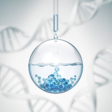 Kozmetik esanslı kozmetik pipeti, beyaz arka planda sıvı damlası, 3D görüntüleme.