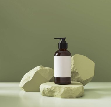 Taş podyumda kozmetik şişesi minimum arkaplan, boş model paketi, 3D görüntüleme.