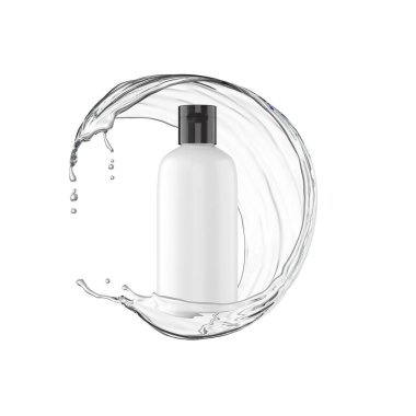 Krem ve şampuan şişelerini maket yolu ile su sıçratarak, 3D görüntüleme.