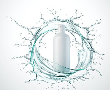 Doğal kozmetik boş şişe ambalajı, su sıçraması, 3 boyutlu illüstrasyon.