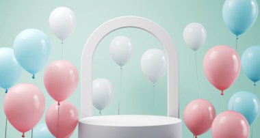 Balonlu, kaidesel ya da platformlu Pastel Yuvarlak podyum, kozmetik ürün sunumu için arka plan 3d sunumu.