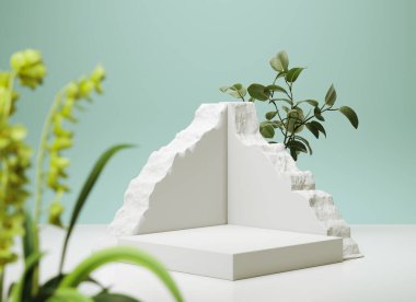 Kozmetik Ürün ve Paket Sunumu için Soyut Arkaplan Sahnesi, Taş Podyum Gösterimi, 3D görüntüleme.