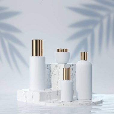 Kozmetik plastik şişe, yüz ve vücut kremi paketi minimum beyaz arka planda, 3D görüntüleme.