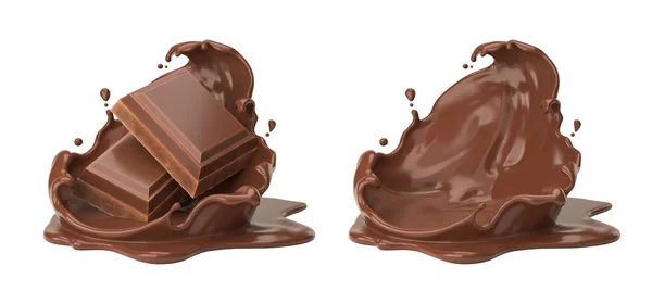 Pezzi Cioccolato Che Cadono Sulla Salsa Cioccolato Con Percorso Ritaglio — Foto Stock