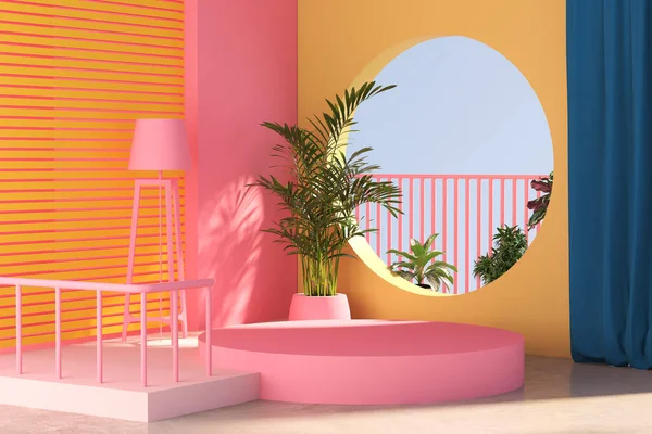 Minimal Landscape Scene Background Dengan Pink Pedestal Pastel Podium Display — Stok Foto