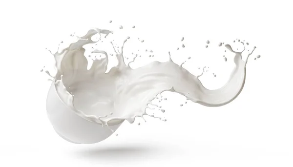 从白色碗中倒入牛奶和泼洒 在白色背景上隔离 3D渲染 — 图库照片