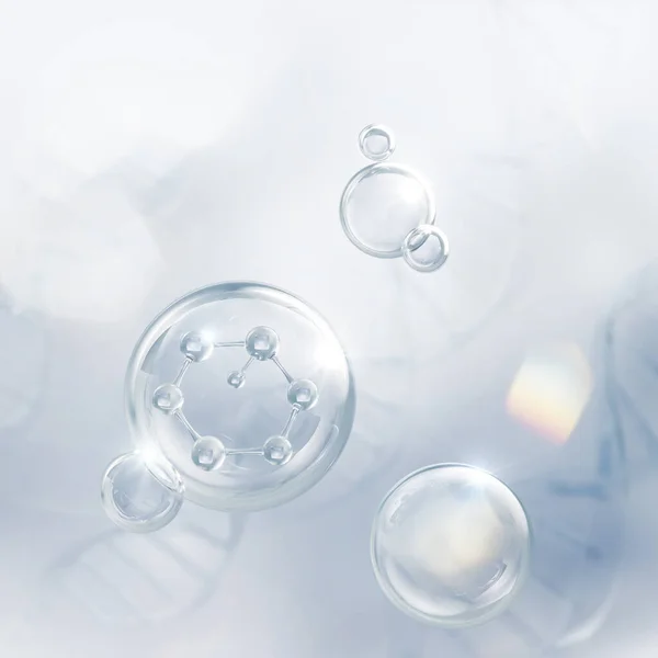 Kozmetik Esans Yağlı Sıvı Baloncuk DNA arka planında molekül, 3D oluşturma.