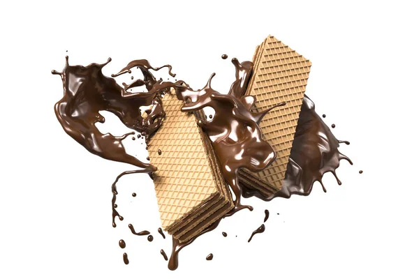 Krispig Våffla Med Choklad Splash Våffla Isolerad Bakgrund Med Klippning — Stockfoto