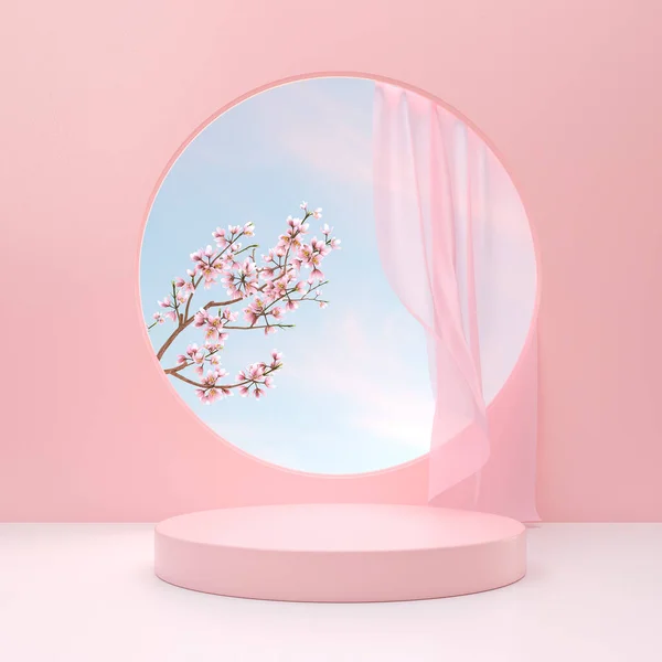 minimal pastel color product display podium with blossom flowers on pink background. 3d scene rendering