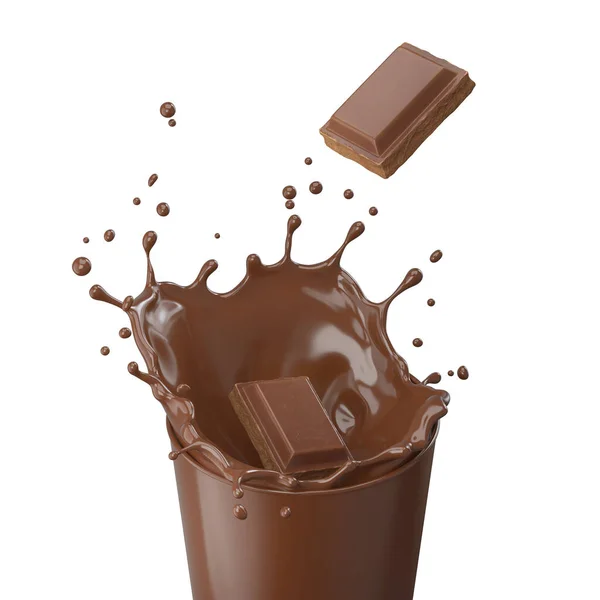 Donkere Chocoladereep Vallen Tot Gieten Chocolade Glas Illustratie — Stockfoto