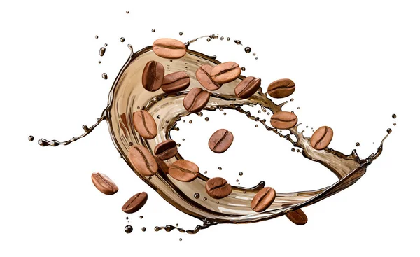 コーヒー豆の落下と熱い液体コーヒースプラッシュ 3Dイラスト — ストック写真