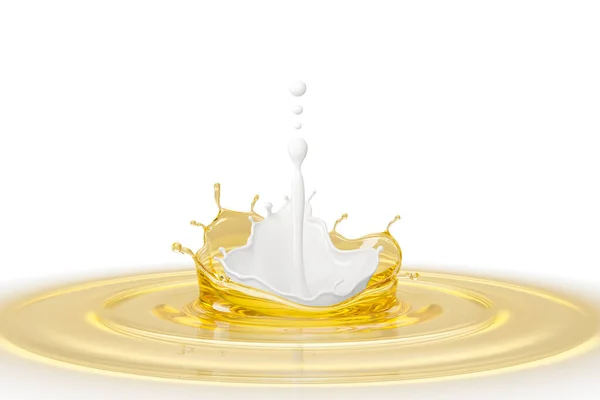 白い美容ミルククリーム液体油スプラッシュ 牛乳とエッセンシャルオイル 3Dレンダリング — ストック写真