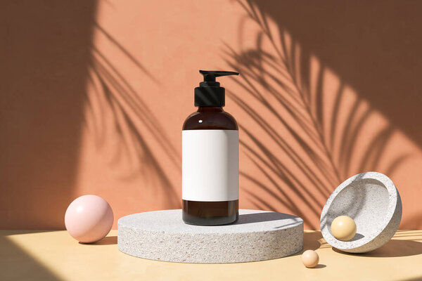 Cosmetic Bottle Stone Podium Minimal Background Blank Mockup Package Rendering — Stock Photo, Image