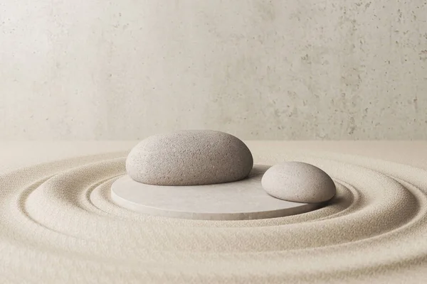 Ürün sunumu için kozmetik arkaplan, kumda Zen çember deseni üzerinde podyum görüntüleme, 3d görüntüleme.