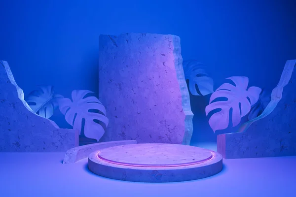 Pódio Pedra Pedestal Plataforma Suporte Produto Branco Fundo Neon Led — Fotografia de Stock