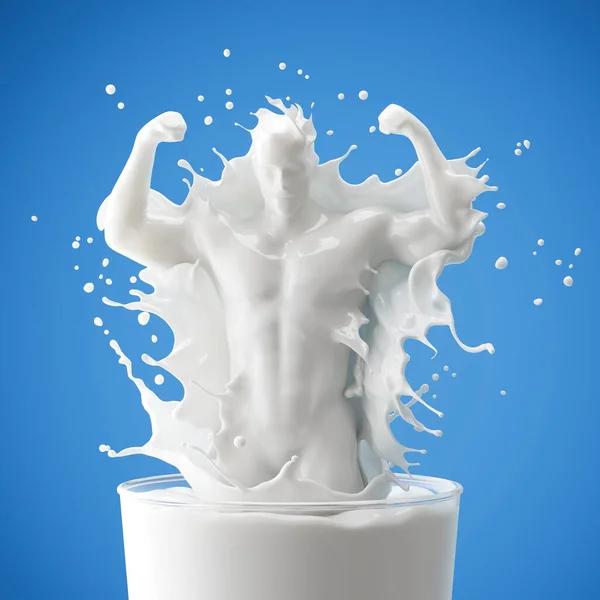 筋肉の男性のフィットネス運動の形でミルクのスプラッシュ クリッピングパスと 3Dイラスト ストック写真