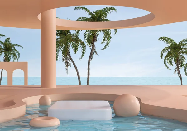 最小限の風景白い台座 表彰台表示プラットフォーム 3Dレンダリングと夏のビーチシーンの背景 ストックフォト