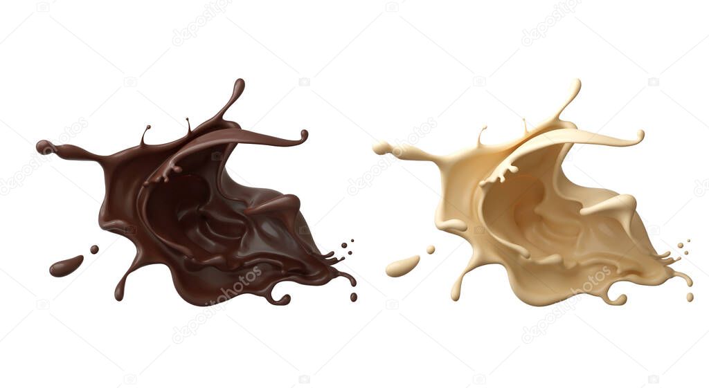 Dark and White Chocolate Splash isolated on background, Include clipping path. 3d illustration.
