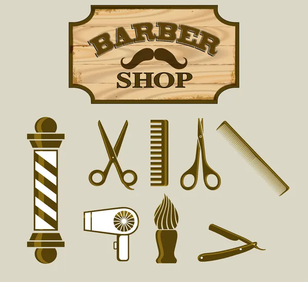 Парикмахерская или иконки парикмахера и вывеска — стоковый вектор