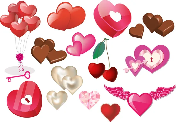 バレンタインの心とハートのアイコンのセット — ストックベクタ